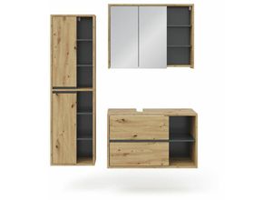 4251421948358 - Badmöbel Set Viola Eiche Spiegelschrank Hochschrank Waschtischunterschrank