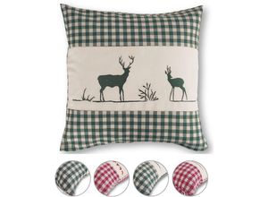 4251474104084 - Kissenhülle Zierkissen 40x40 OekoTex - Landhaus-Stil Dekokissen Stick Hirsch grün kariert Karo grün heller Hintergrund Reißverschluss - grün - Wometo