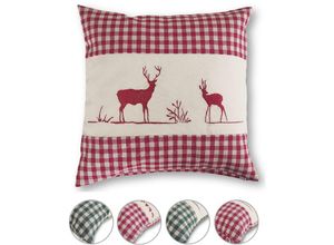 4251474104091 - Kissenhülle Zierkissen 40x40 OekoTex - Landhaus-Stil Dekokissen Stick Hirsch rot kariert Karo rot heller Hintergrund Reißverschluss - rot - Wometo