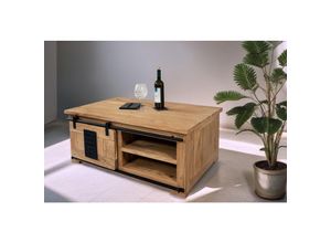 4251517488416 - Couchtisch mit Schiebetür und 3 Fächern Akazie massiv 110 x 45 x 70 cm natur libro