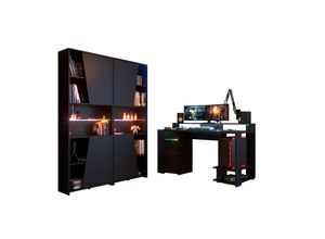 4251580539503 - Gamer Set Gaming 1 3-tlg Schreibtisch 152 x 62 cm + 2x Regal B 67 cm schwarz LED Beleuchtung