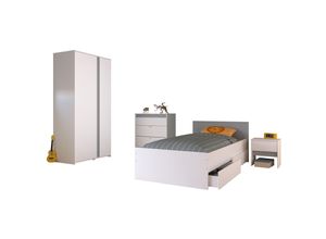 4251580546785 - Jugendzimmer Pirouette 22 4-tlg Bett 90*200 cm + Kleiderschrank + Kommoden weiß