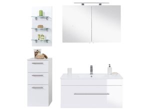 4251581505156 - Badmöbel Komplettset LAGOS-02 (4-teilig) mit LED-Spiegelschrank und LED-Regal Hochglanz weiß b x h x t ca 1502 x 195 x 475cm - weiß