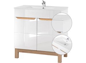 4251581511959 - Waschtisch inkl 81 cm Keramikbecken SOLNA-56 Hochglanz weiß mit Wotaneiche B x H x T ca 81 x 85 x 46cm - weiß