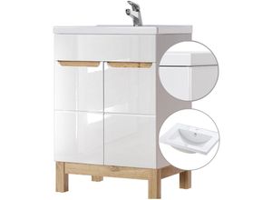 4251581512123 - Lomadox - Waschtischunterschrank inkl 61 cm Keramik-Waschtisch SOLNA-56 Hochglanz weiß mit Wotaneiche b x h x t ca 61 x 85 x 46cm - weiß