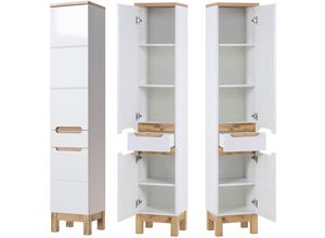 4251581512246 - Badezimmer Hochschrank SOLNA-56 Hochglanz weiß mit Wotaneiche B x H x T ca 35 x 187 x 33cm - weiß