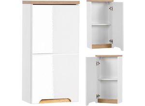 4251581512253 - Lomadox - Badezimmer Hängeschrank SOLNA-56 Hochglanz weiß mit Wotaneiche b x h x t ca 35 x 70 x 20cm - weiß