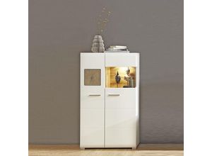 4251581512772 - Lomadox - Highboard Vitrine weiß FARO-36 mit Absetzungen in Eiche Hirnholz Nb und led Beleuchtung b h t ca 80 139 37 cm - weiß