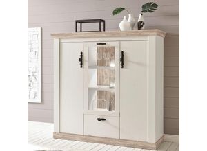 4251581523433 - Highboard FERNA-61 im Landhaus Stil Pinie weiß Nb und Oslo Pinie dunkel inkl led b h t ca 140x146x44cm - weiß