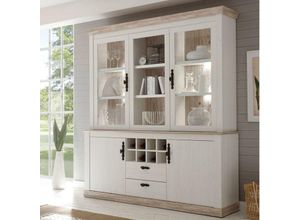 4251581523440 - Lomadox - Großer Buffet-Schrank FERNA-61 im Landhaus Stil Geschirrschrank in Pinie weiß und Oslo dunkel Nb inkl led b h t ca 184x205x44cm - braun