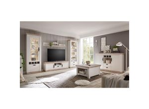 4251581523518 - Landhaus Wohnwand inkl Couchtisch & Sideboard FERNA-61 in Pinie weiß und Oslo dunkel Nb B x H x T ca 318 x 201 x 44 cm - braun