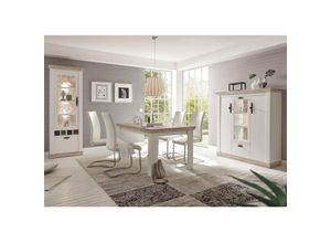 4251581523617 - Lomadox - Landhaus Esszimmer-Set FERNA-61 in Pinie weiß und Oslo dunkel Nb inkl led (ohne Stühle) b h t ca 300x201x44 cm - weiß