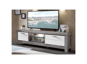 4251581526014 - TV-Lowboard Fernsehtisch in weiß matt und Haveleiche Nb GRONAU-55 inkl LED-Beleuchtung BxHxT 180x59x48cm - braun