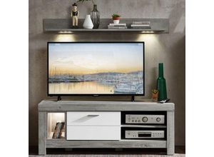 4251581527998 - TV-Lowboard und Wandboard inkl led GRONAU-55 in weiß matt und Haveleiche Nb BxHxT 150x139x47cm - braun