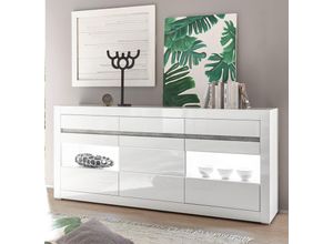 4251581528483 - Lomadox - Sideboard in weiß Hochglanz COGO-61 inkl led und mit Griffmulden in Betonoptik BxHxT 217x90x42cm - weiß