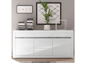 4251581528490 - Sideboard in Hochglanz weiß COGO-61 mit Griffmulden in Betonoptik BxHxT 217x90x42cm - weiß