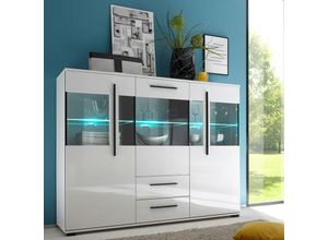 4251581528667 - Modernes Highboard COLORADO-61 in weiß Hochglanz inkl led und Grauglas BxHxT 160x126x42cm - weiß