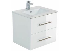 4251581532596 - Badezimmer Waschplatz HELLA-02 in weiß Hochglanz mit Unterschrank und Keramik Waschbecken b h t ca 605 54 463 cm - weiß