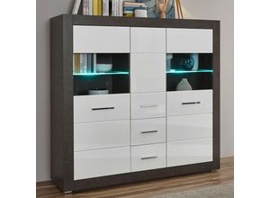 4251581533272 - Lomadox - Highboard mit LED-Beleuchtung ETON-61 in Betonoptik dunkel & Hochglanz weiß b h t 149 142 42cm - weiß