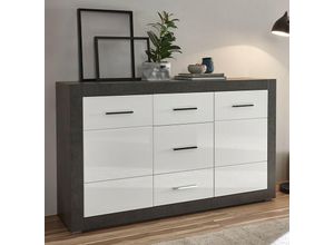 4251581533296 - Lomadox - Sideboard Anrichte mit 3 Schubkästen ETON-61 Hochglanz weiß mit Betonoptik dunkel b h t 164 97 42cm - weiß