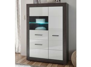 4251581533357 - Vitrinen-Highboard in Hochglanz weiß mit Betonoptik dunkel ETON-61 mit led b h t 100 142 35cm - weiß