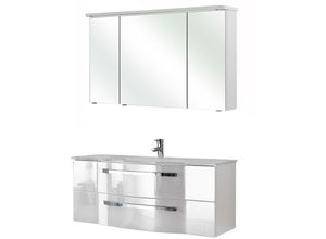 4251581536358 - Lomadox - Badezimmer 120cm Waschplatz FES-4005-66 gerundete front in Hochglanz lackiert Polarweiß mit Spiegelschrank - b h t 122 200 491cm - weiß