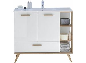 4251581539717 - Lomadox - Badezimmer Waschtisch MALANJE-66 Unterschrank und Waschbecken in weiß glänzend & Riviera Eiche quer Nb - b h t 101 895 46cm - braun