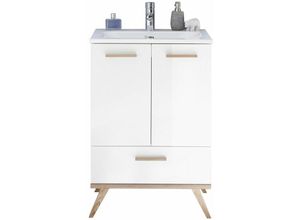 4251581539724 - Badezimmer Waschtisch inkl Waschbecken MALANJE-66 in weiß glänzend & Riviera Eiche quer Nb - B H T 61 895 46cm - braun