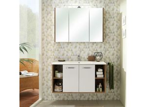 4251581540362 - Lomadox - Badezimmer Waschplatz in weiß Glanz mit Eiche Riviera RAIPUR-66 Waschtisch 100cm mit led Spiegelschrank - b h t 101 200 46cm - braun