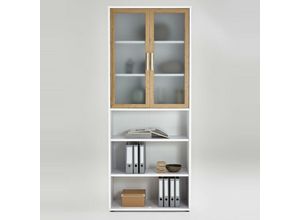 4251581541598 - Aktenschrank 6OH mit Glastüreinsatz COLUMBUS-10 in Brilliantweiß matt & Alteiche Nb - B H T 89 2215 40cm - braun