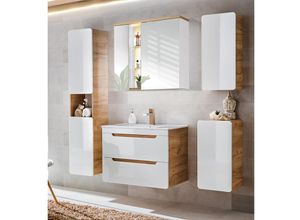 4251581542045 - Lomadox - Badezimmer Set in Hochglanz weiß Wotan Eiche Nb LUTON-56 mit 81 cm Keramik-Waschtisch & LED-Spiegelschrank b h t ca 181 195 46 cm - weiß