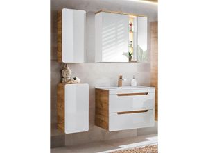 4251581542069 - Lomadox - Badezimmer Set in Hochglanz weiß Wotan Eiche Nb LUTON-56 Keramik-Waschtisch & LED-Spiegelschrank b h t ca 131 195 46 cm - weiß