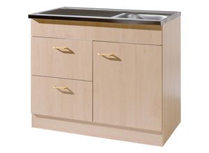 4251581543585 - Lomadox - Küchen-Spülenschrank 100 cm mit Auflagespüle und Siphon SALERNO-03 Buche Dekor b h t 100x85x50cm