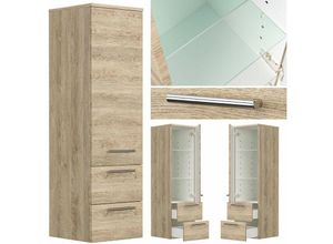 4251581554772 - Badezimmer Midischrank Hochschrank in Eiche hell ABUJA-02 mit Glaseinlagen b h t 35 120 36cm - braun