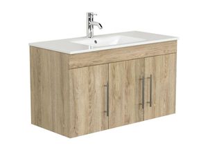 4251581556325 - Badmöbel Waschtisch 100cm TABRIS-02 - in Eiche hell mit Mineralgussbecken - b h t 100 56 46cm - beige