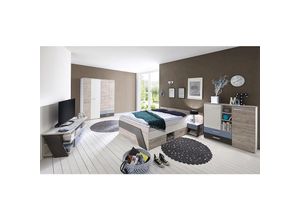 4251581558510 - Jugendzimmer Set mit Bett 140x200 cm 5-teilig LEEDS-10 in Sandeiche Nb mit weiß Lava und Denim Blau - blau