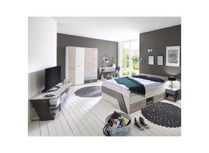 4251581558527 - Lomadox - Jugendzimmer Set mit Bett 140x200 cm 5-teilig mit Kleiderschrank LEEDS-10 in Sandeiche Nb mit weiß Lava und Denim Blau - grau