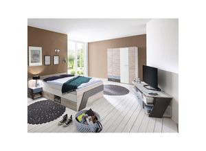 4251581558534 - Jugendzimmer Set mit Bett 140x200 cm 4-teilig LEEDS-10 in Sandeiche Nb mit weiß Lava und Denim Blau mit Lowboard - grau