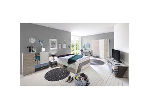 4251581558558 - Jugendzimmer Set mit Bett 140x200 cm 6-teilig LEEDS-10 in Sandeiche Nachbildung mit weiß Lava und Denim Blau - grau