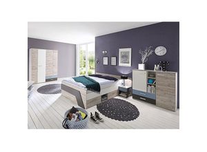 4251581558572 - Jugendzimmer Set mit Bett 140x200 cm 4-teilig LEEDS-10 in Sandeiche Nb mit weiß Lava und Denim Blau - grau