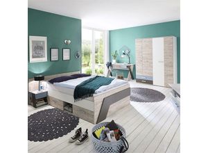 4251581558596 - Lomadox - Jugendzimmer Set mit Bett 140x200 cm und Schreibtisch 4-teilig LEEDS-10 in Sandeiche Nb mit weiß Lava und Denim Blau