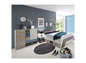 4251581558602 - Lomadox - Jugendzimmer Set mit Bett 140x200 cm und Kommode 3-teilig LEEDS-10 in Sandeiche Nb mit weiß Lava und Denim Blau - grau