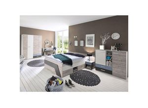 4251581558619 - Lomadox - Jugendzimmer Set mit Bett 140x200 cm und Schreibtisch 5-teilig LEEDS-10 in Sandeiche Nb mit weiß Lava und Denim Blau - grau