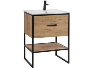 4251581566263 - Lomadox - Waschtisch mit Keramik-Becken Industrial-Style MANHATTAN-56 in Gold Craft Oak Eiche schwarz b h t 60 85 46cm - schwarz