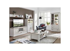 4251581567949 - Wohnwand im Landhausstil inkl Couchtisch & Vitrine LEER-55 in Pinie weiß mit Abs taupe b h t ca 348 204 52cm - grau