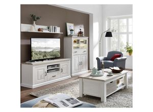 4251581567956 - Landhaus-Anbauwand im Landhausstil inkl Couchtisch LEER-55 in Pinie weiß mit Abs taupe b h t ca 348 204 52cm - grau