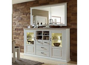 4251581568076 - Landhaus Highboard inkl led mit Wandspiegel LEER-55 in Pinie weiß mit Abs taupe b h t ca 348 204 52cm - grau