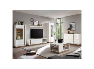 4251581569318 - Lomadox - Wohnzimmer-Wohnwand-Set in weiß Glanz mit Grandson Oak Eiche Nb CELLE-61 mit Sideboard und Couchtisch b h t ca 340 194 40 cm - braun