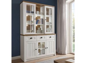 4251581572851 - Lomadox - Buffet-Vitrinenschrank im Landhausstil PISA-61 in Pinie weiß mit Eiche hell inkl LED-Beleuchtung b h t 130 198 43cm - braun