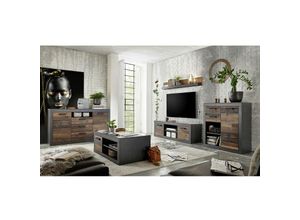 4251581573919 - Tv Mediawand mit Sideboard & Couchtisch im Industrial-Design BERLIN-61 in Old Mix Dekor mit Matera grau inkl led b h t ca 438 201 43 cm - braun